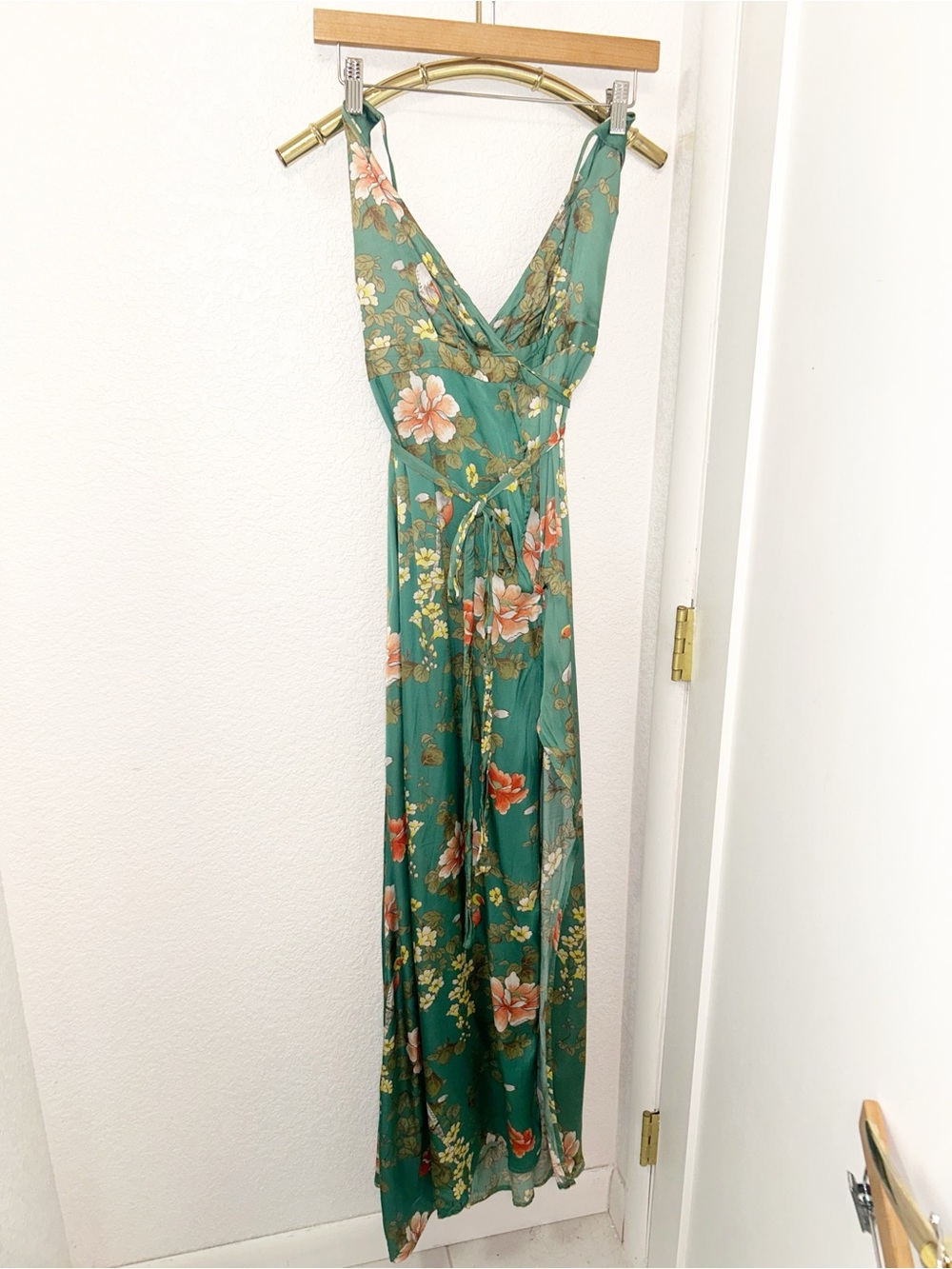 MAJORELLE x REVOLVE The Salsa Maxi Wrap Dress in Bellbird Green Satiny SZ: M
